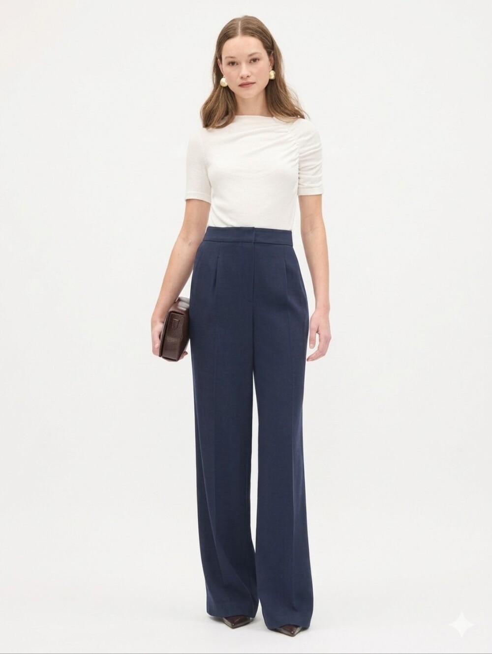RW&CO Navy Blue Wide Leg High Waist Crepe Trousers Pants